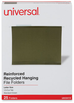 Universal® Deluxe Reinforced Recycled Hanging File Folders Letter Size, 1/3-Cut Tabs, Standard Green, 25/Box