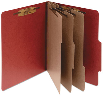 ACCO Pressboard Classification Folders 4" Expansion, 3 Dividers, 8 Fasteners, Letter Size, Earth Red Exterior, 10/Box