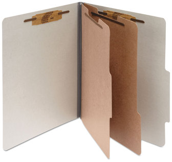 ACCO Pressboard Classification Folders 3" Expansion, 2 Dividers, 6 Fasteners, Letter Size, Mist Gray Exterior, 10/Box