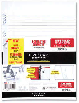 Five Star® Reinforced Filler Paper 3-Hole, 8 x 10.5, Wide/Legal Rule, 100/Pack