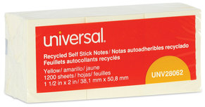 Universal® Recycled Self-Stick Note Pads 1.5" x 2", Yellow, 100 Sheets/Pad, 12 Pads/Pack