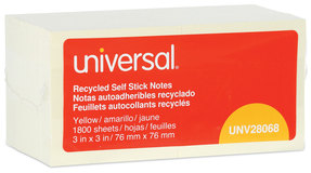 Universal® Recycled Self-Stick Note Pads 3" x Yellow, 100 Sheets/Pad, 18 Pads/Pack