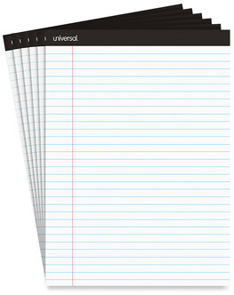 Universal® Premium Ruled Writing Pads with Heavy Duty Back Heavy-Duty Wide/Legal Rule, Black Headband, 50 White 8.5 x 11 Sheets, 6/Pack