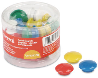 Universal® Assorted Magnets Circles, Colors, 0.63", 1", 1.63" Diameters, 30/Pack