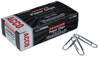 ACCO Paper Clips Premium Heavy-Gauge Wire Jumbo, Nonskid, Silver, 100 Clips/Box, 10 Boxes/Pack
