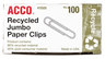 A Picture of product ACC-72525 ACCO Paper Clips Recycled Jumbo, Smooth, Silver, 100 Clips/Box, 10 Boxes/Pack