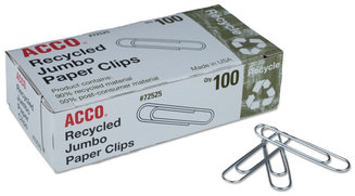 ACCO Paper Clips Recycled Jumbo, Smooth, Silver, 100 Clips/Box, 10 Boxes/Pack