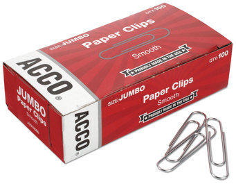 ACCO Paper Clips Jumbo, Smooth, Silver, 100 Clips/Box, 10 Boxes/Pack
