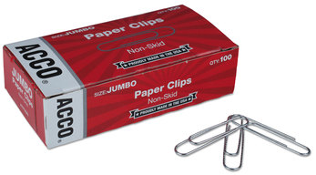 ACCO Paper Clips Jumbo, Nonskid, Silver, 100 Clips/Box, 10 Boxes/Pack