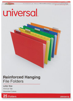 Universal® Deluxe Reinforced Recycled Hanging File Folders Letter Size, 1/5-Cut Tabs, Assorted, 25/Box