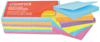 Universal® Self-Stick Note Pads 3" x Assorted Bright Colors, 100 Sheets/Pad, 12 Pads/Pack