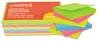 Universal® Self-Stick Note Pads 3" x Assorted Neon Colors, 100 Sheets/Pad, 12 Pads/Pack