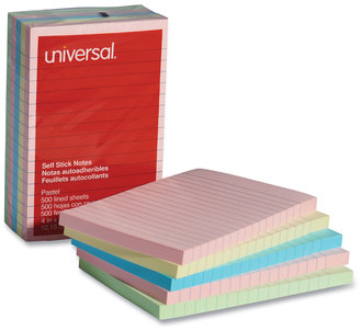 Universal® Self-Stick Note Pads Ruled, 4" x 6", Assorted Pastel Colors, 100 Sheets/Pad, 5 Pads/Pack