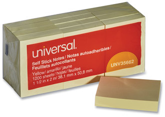 Universal® Self-Stick Note Pads 1.5" x 2", Yellow, 100 Sheets/Pad, 12 Pads/Pack