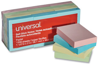 Universal® Self-Stick Note Pads 1.5" x 2", Assorted Pastel Colors, 100 Sheets/Pad, 12 Pads/Pack