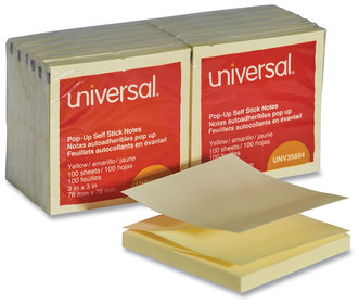 Universal® Fan-Folded Self-Stick Pop-Up Note Pads 3" x Yellow, 100 Sheets/Pad, 12 Pads/Pack