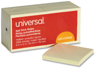 Universal® Self-Stick Note Pads 3" x Yellow, 100 Sheets/Pad, 12 Pads/Pack