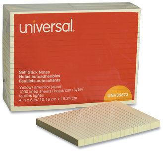 Universal® Self-Stick Note Pads Ruled, 4" x 6", Yellow, 100 Sheets/Pad, 12 Pads/Pack