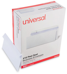 Universal® Peel Seal Strip Business Envelope Security Tint #10, Square Flap, Self-Adhesive Closure, 4.25 x 9.63, White, 500/Box