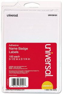 Universal® Self-Adhesive Name Badges Plain 3 1/2 x 2 1/4, White, 100/Pack