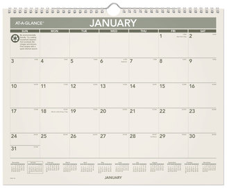 AT-A-GLANCE® Recycled Wall Calendar Unruled Blocks, 15 x 12, Sand/Green Sheets, 12-Month (Jan to Dec): 2024