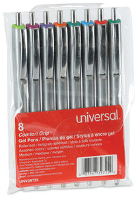 Universal™ Comfort Grip® Retractable Gel Ink Roller Ball Pen Medium 0.7 mm, Assorted and Barrel Colors, 8/Pack