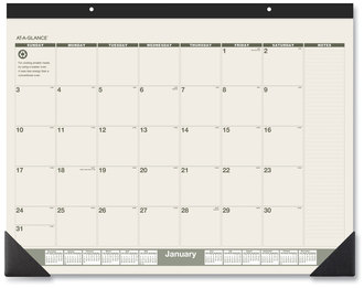 AT-A-GLANCE® Recycled Monthly Desk Pad 22 x 17, Sand/Green Sheets, Black Binding, Corners, 12-Month (Jan to Dec): 2024
