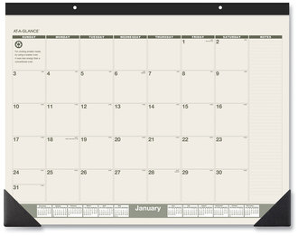 AT-A-GLANCE® Recycled Monthly Desk Pad 22 x 17, Sand/Green Sheets, Black Binding, Corners, 12-Month (Jan to Dec): 2025