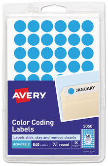 Avery® Handwrite Only Self-Adhesive Removable Round Color-Coding Labels 0.5" dia, Light Blue, 60/Sheet, 14 Sheets/Pack, (5050)