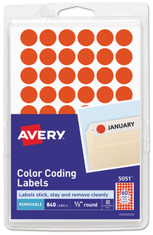 Avery® Handwrite Only Self-Adhesive Removable Round Color-Coding Labels 0.5" dia, Neon Red, 60/Sheet, 14 Sheets/Pack, (5051)