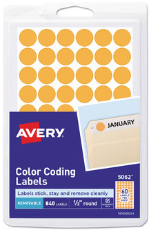 Avery® Handwrite Only Self-Adhesive Removable Round Color-Coding Labels 0.5" dia, Neon Orange, 60/Sheet, 14 Sheets/Pack, (5062)
