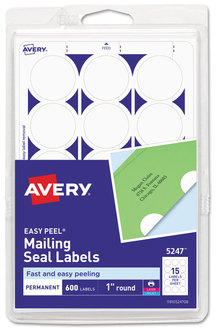 Avery® Printable Mailing Seals 1" dia, White, 15/Sheet, 40 Sheets/Pack, (5247)