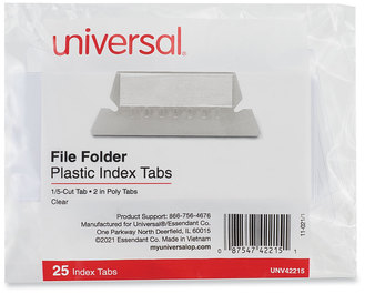 Universal® Hanging File Folder Plastic Index Tabs 1/5-Cut, Clear, 2.25" Wide, 25/Pack