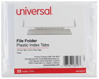 Universal® Hanging File Folder Plastic Index Tabs 1/3-Cut, Clear, 3.7" Wide, 25/Pack