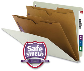 Smead™ Extra-Heavy Two Pocket Divider End Tab Pressboard Classification Folders with SafeSHIELD® Coated Fasteners X-Heavy Six 2 Dividers, Letter Size, Gray-Green, 10/Box