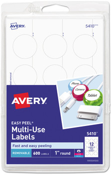 Avery® Removable Multi-Use Labels Inkjet/Laser Printers, 1" dia, White, 12/Sheet, 50 Sheets/Pack, (5410)