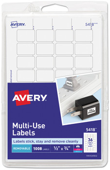 Avery® Removable Multi-Use Labels Inkjet/Laser Printers, 0.5 x 0.75, White, 36/Sheet, 28 Sheets/Pack, (5418)