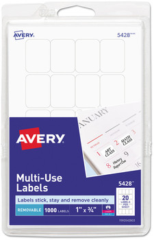 Avery® Removable Multi-Use Labels Inkjet/Laser Printers, 1 x 0.75, White, 20/Sheet, 50 Sheets/Pack, (5428)