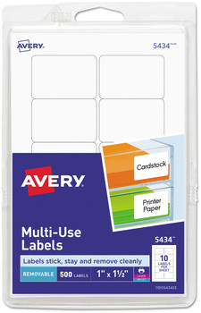 Avery® Removable Multi-Use Labels Inkjet/Laser Printers, 1 x 1.5, White, 10/Sheet, 50 Sheets/Pack, (5434)