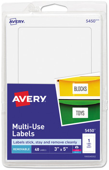 Avery® Removable Multi-Use Labels Inkjet/Laser Printers, 3 x 5, White, 40/Pack, (5450)