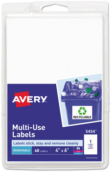 Avery® Removable Multi-Use Labels Inkjet/Laser Printers, 4 x 6, White, 40/Pack, (5454)