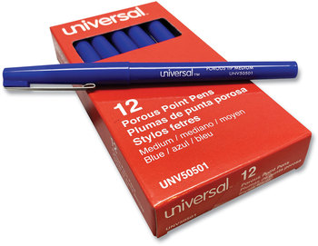Universal™ Porous Tip Stick Pen Point Medium 0.7 mm, Blue Ink, Barrel, Dozen
