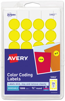 Avery® Printable Self-Adhesive Removable Color-Coding Labels 0.75" dia, Yellow, 24/Sheet, 42 Sheets/Pack, (5462)