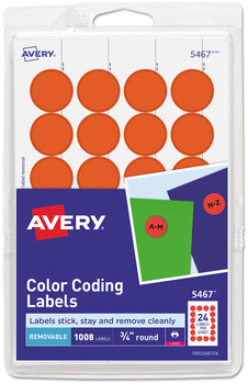 Avery® Printable Self-Adhesive Removable Color-Coding Labels 0.75" dia, Neon Red, 24/Sheet, 42 Sheets/Pack, (5467)