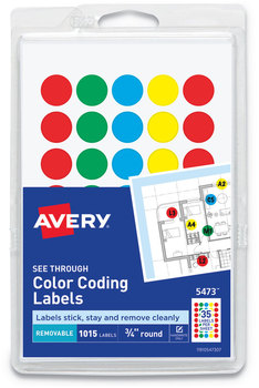 Avery® Handwrite-Only Self-Adhesive "See Through" Removable Round Color Dots 0.75" dia, Assorted, 35/Sheet, 29 Sheets/Pack, (5473)