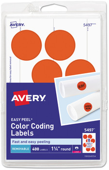 Avery® Printable Self-Adhesive Removable Color-Coding Labels 1.25" dia, Neon Red, 8/Sheet, 50 Sheets/Pack, (5497)