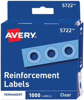Avery® Binder Hole Reinforcements in Dispenser Pack 0.25" Dia, Clear, 1,000/Pack, (5722)