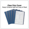 A Picture of product UNV-56138 Universal® Clear Front Report Cover with Fasteners Covers Three-Prong Fastener, 0.5" Capacity, 8.5 x 11, Clear/Dark Blue, 25/Box
