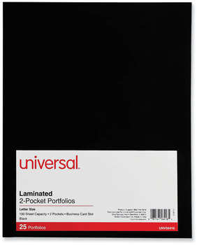 Universal® Laminated Two-Pocket Folder Cardboard Paper, 100-Sheet Capacity, 11 x 8.5, Black, 25/Box