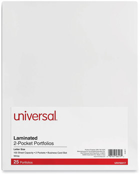 Universal® Laminated Two-Pocket Folder Portfolios, Cardboard Paper, 100-Sheet Capacity, 11 x 8.5, White, 25/Box